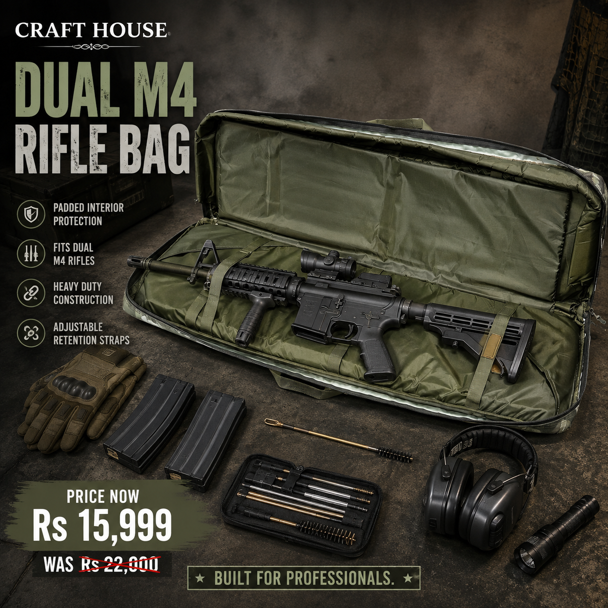 Craft House Dual M4 Rifle Bag – Green Camouflage | Heavy Duty Padded Tactical Rifle Case | Dual Rifle Carry Bag