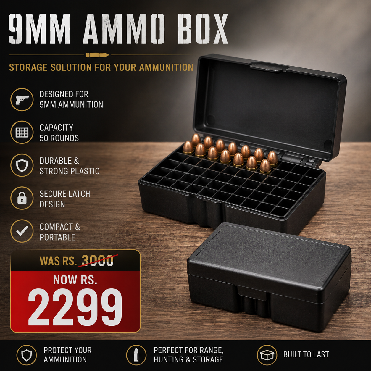 Plastic box for 9mm bullets - 50 round capacity