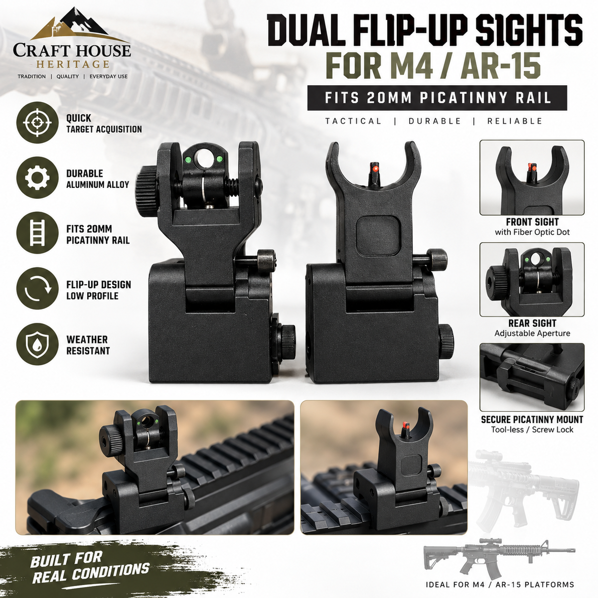 Dual Flip-Up Iron Sights for M4 / AR-15 – 20mm Picatinny Rail