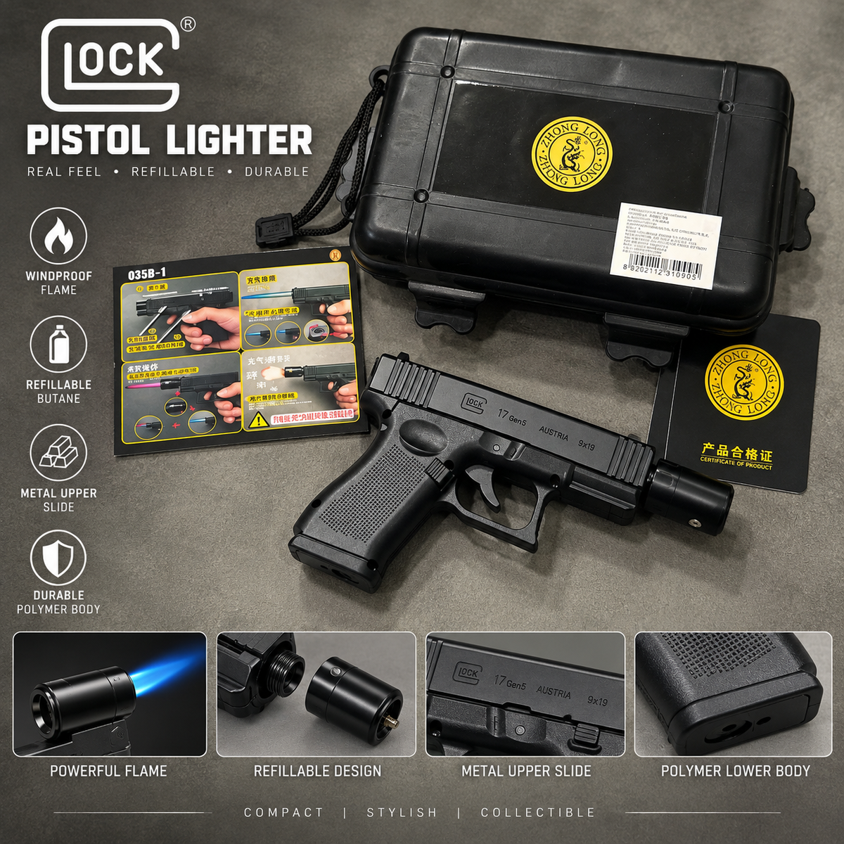 Glock-Style Metal Pistol Lighter – Refillable Butane Torch Lighter