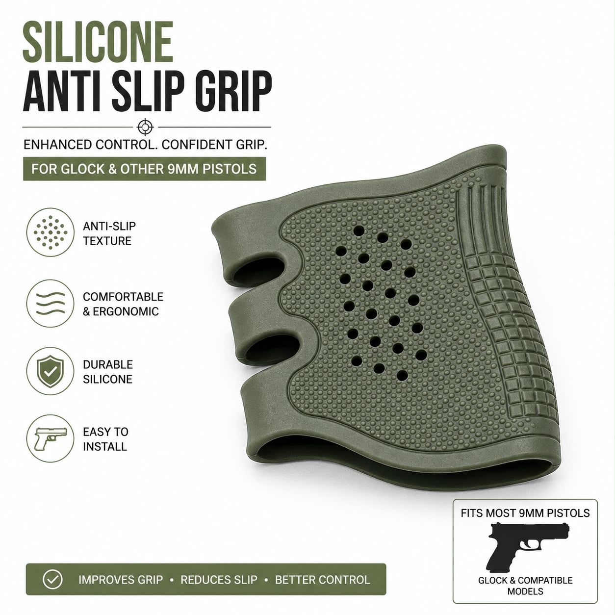 Silicone Anti-Slip Grip Sleeve for Glock & Compatible 9mm Pistols