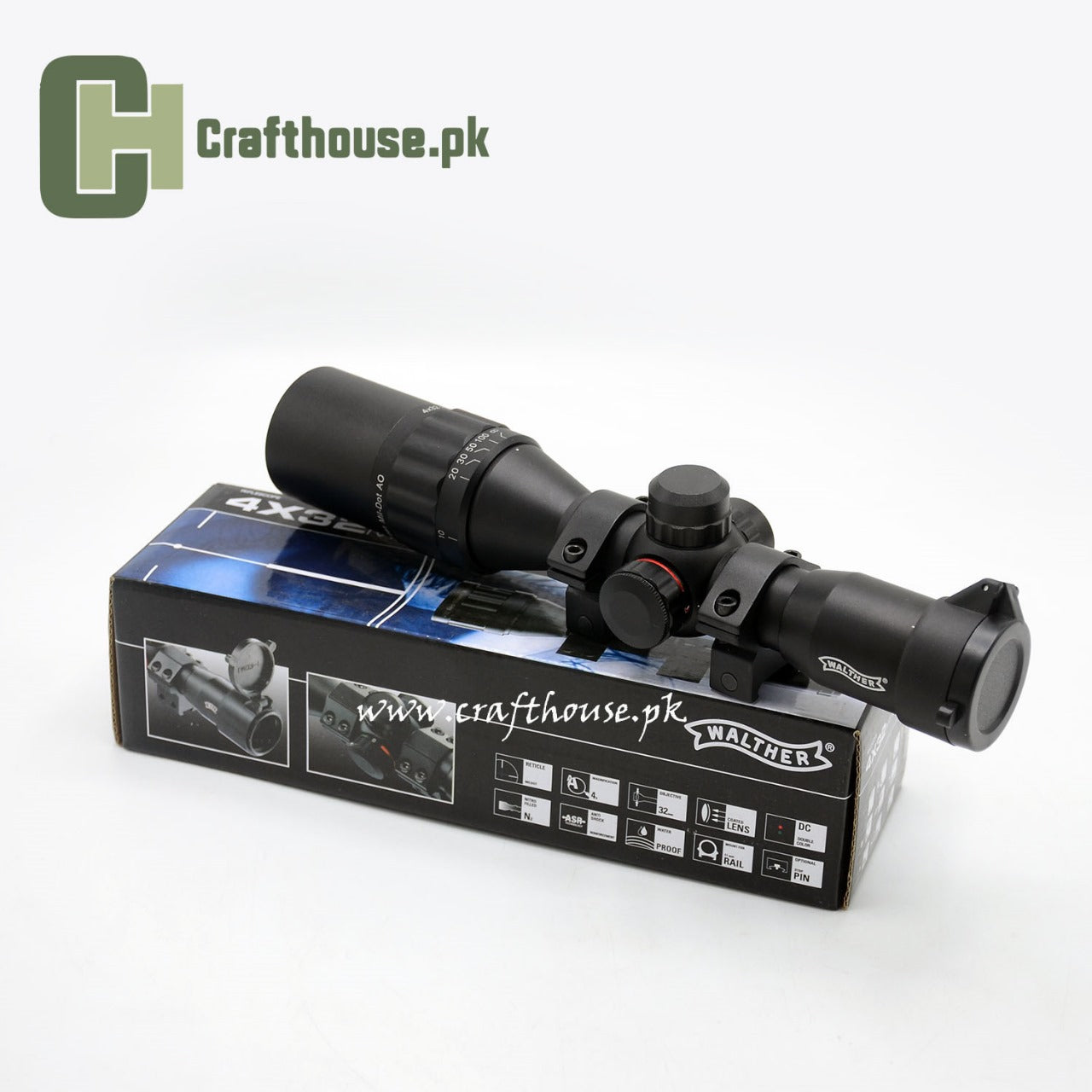 WALTHER 4×32 SCOPE WITH MILDOT RETICLE, DUAL COLOR ILLUMINATION, 20MM MOUNTS