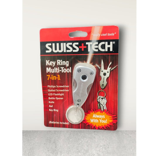 Swiss+Tech Key Ring Multi Tool 7-in-1 – Philips Screwdriver, Slotted Screwdriver, LED Flashlight, Bottle Opener, Knife, Awl, Key Ring