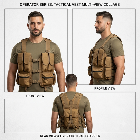 Military Tactical Vest – Golden Color | Adjustable Combat Vest with 4 Magazine Pouches, Rear Utility Pouch & Multi-Pocket Design