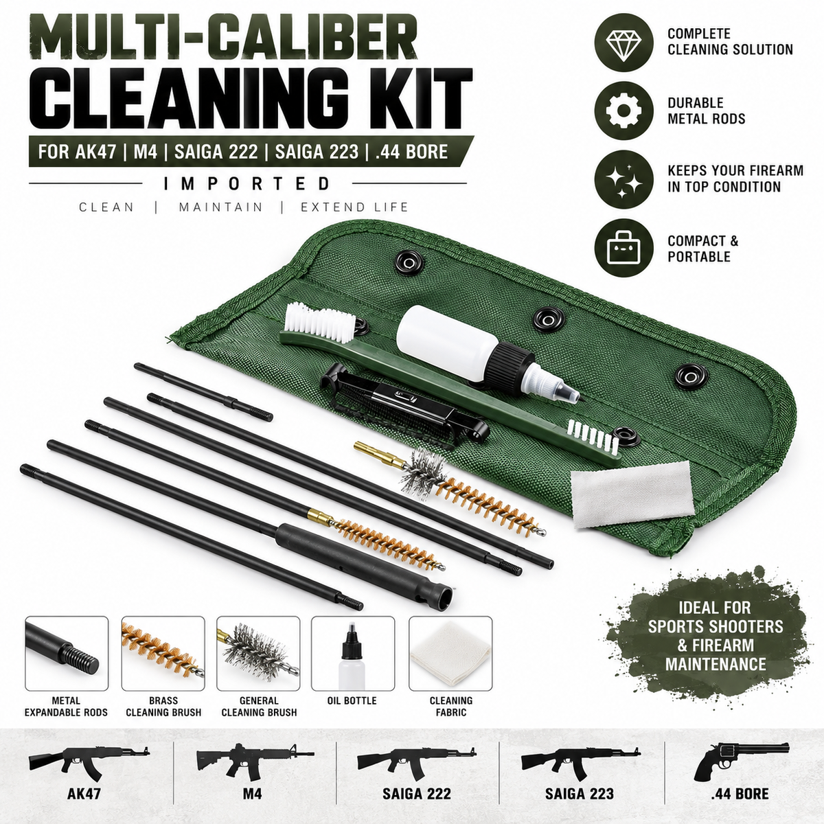 Imported Multi-Caliber Gun Cleaning Kit for AK47, M4, Saiga 222/223 & .44 Bore