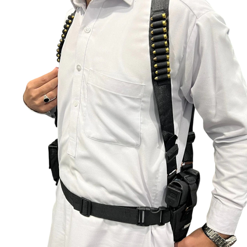 Parachute Nylon Double Shoulder Holster | Dual Mag Pouches, Pistol Holster & Integrated 20-Round Ammo Strips