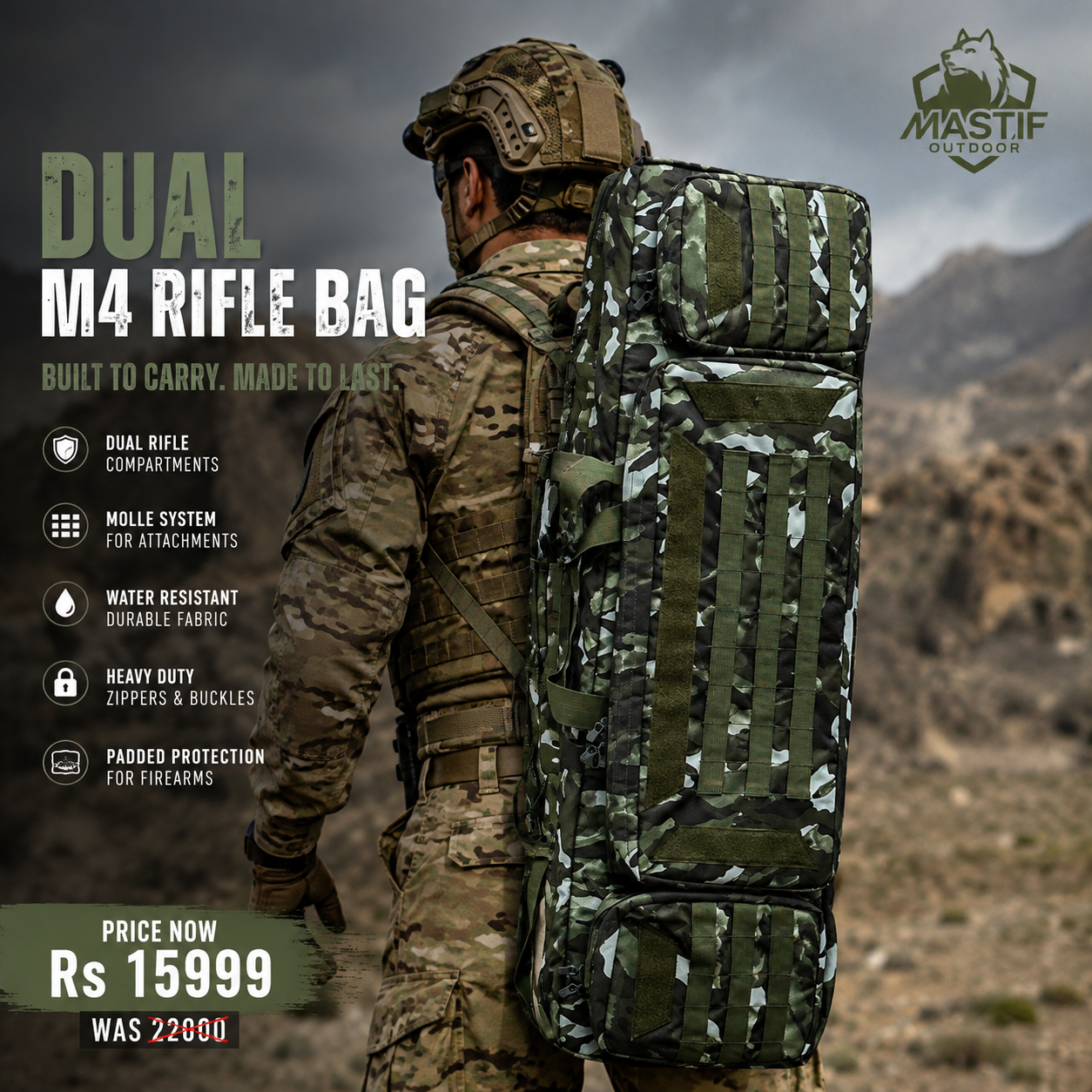 Craft House Dual M4 Rifle Bag – Green Camouflage | Heavy Duty Padded Tactical Rifle Case | Dual Rifle Carry Bag