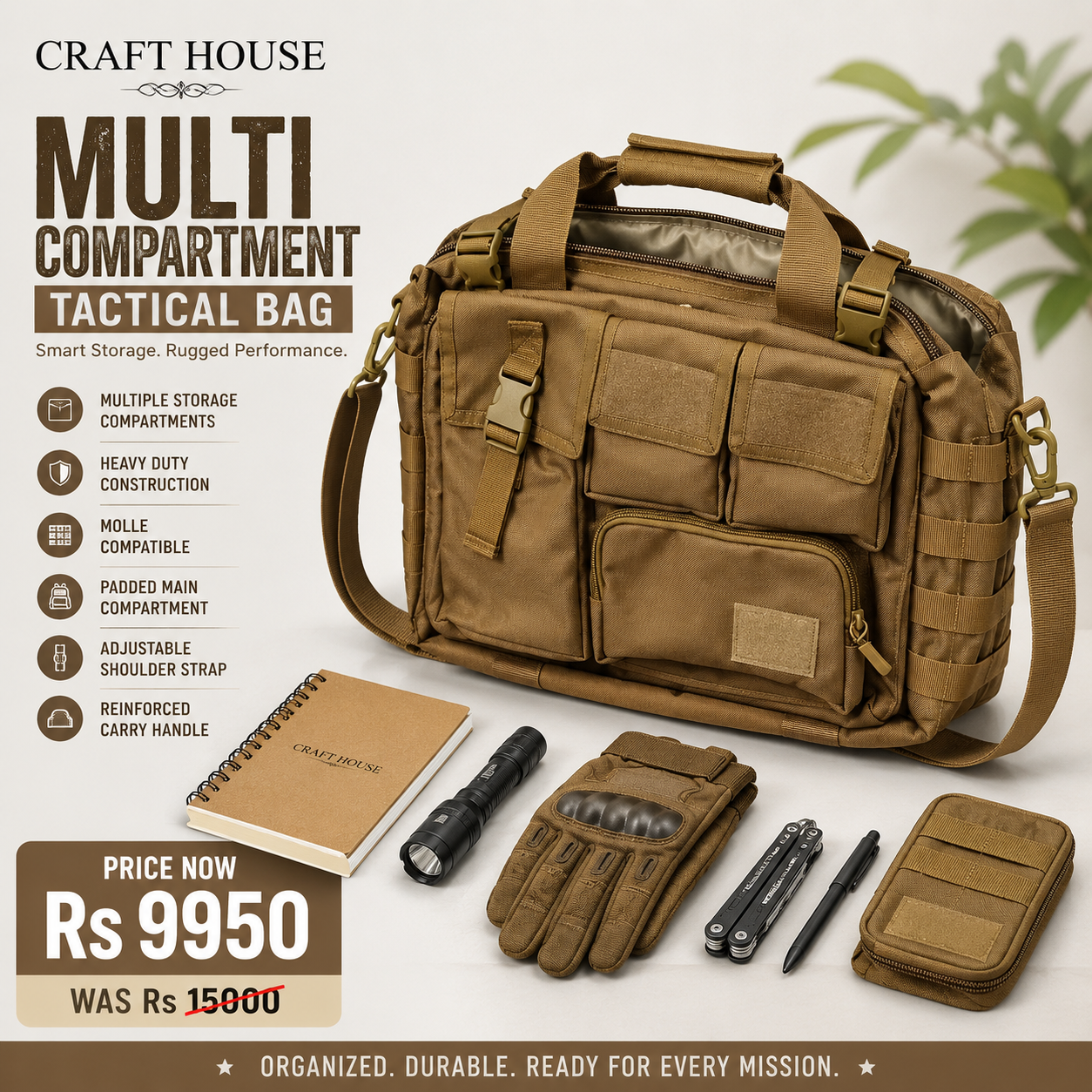 Craft House Multi Compartment Tactical Gear & Laptop Bag | Heavy Duty Utility Carry Bag