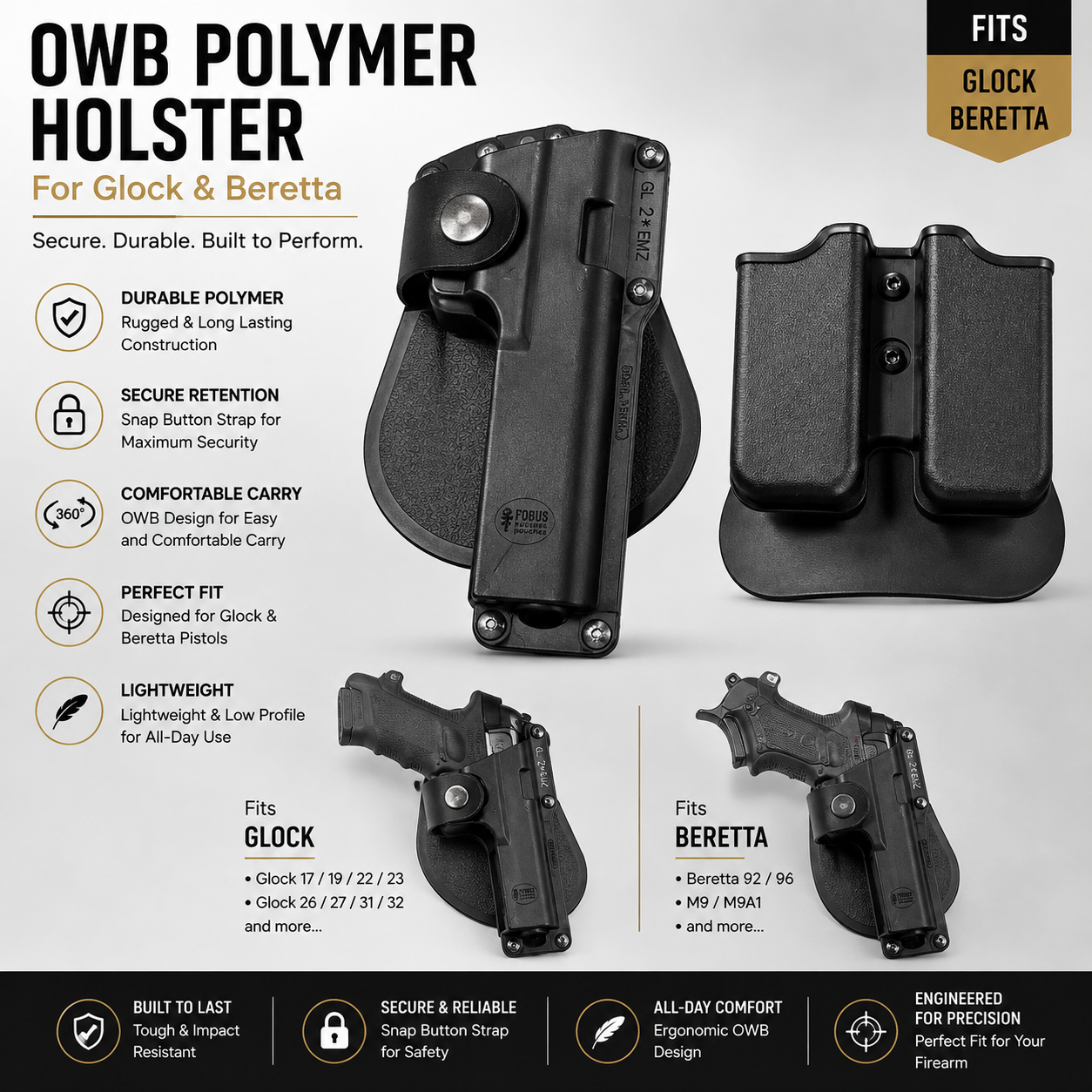 Polymer holster for Glock and Beretta