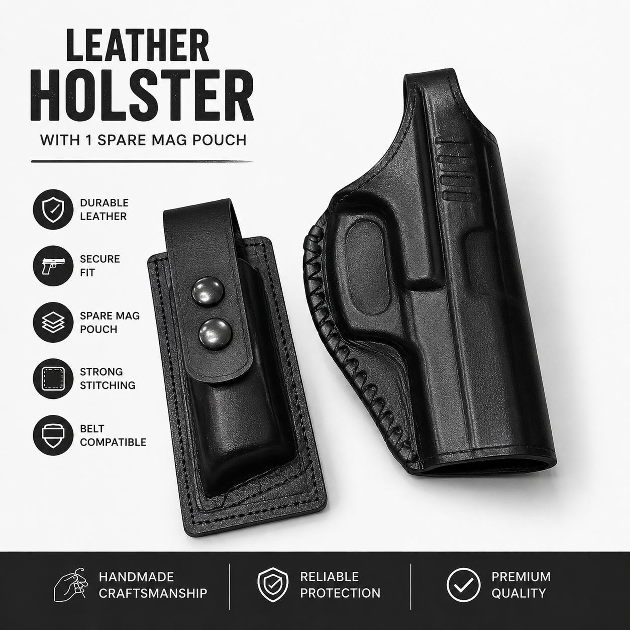 Genuine leather holster with 1 spare mag pouch for Glock