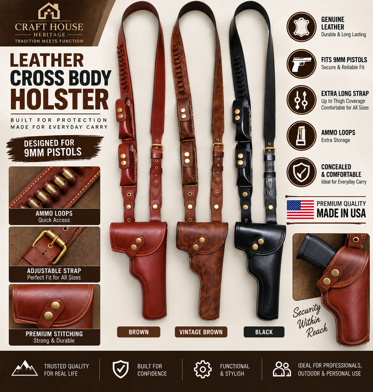 Genuine leather Crossbody holster for 9mm - traditional Pathan style holster