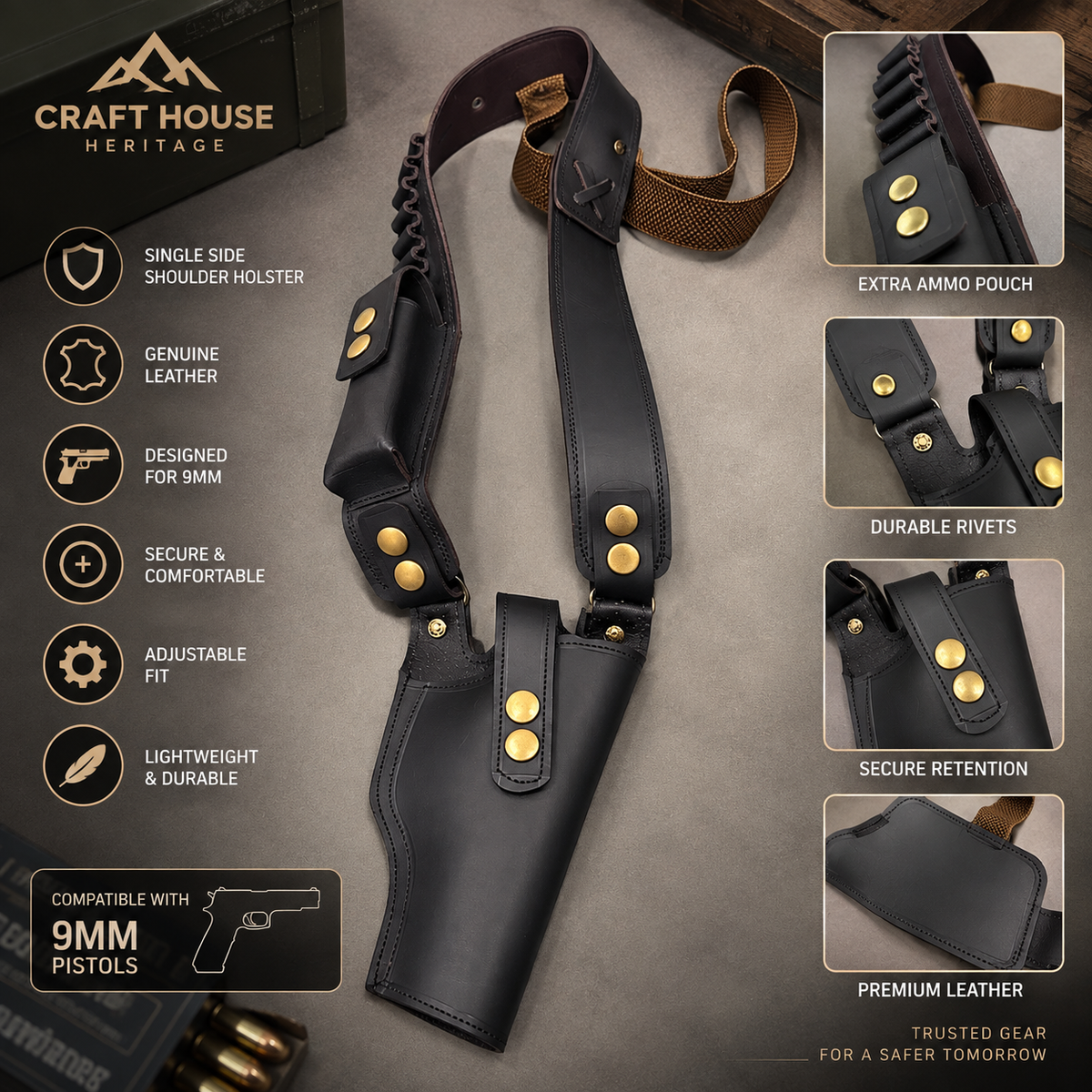 Premium Genuine Leather Single-Side Shoulder Holster for 9mm Pistols