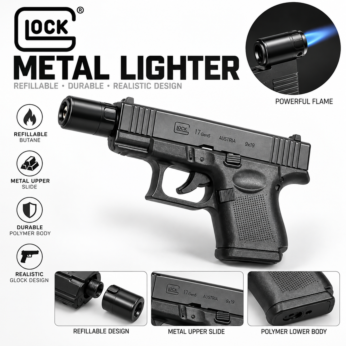Glock-Style Metal Pistol Lighter – Refillable Butane Torch Lighter