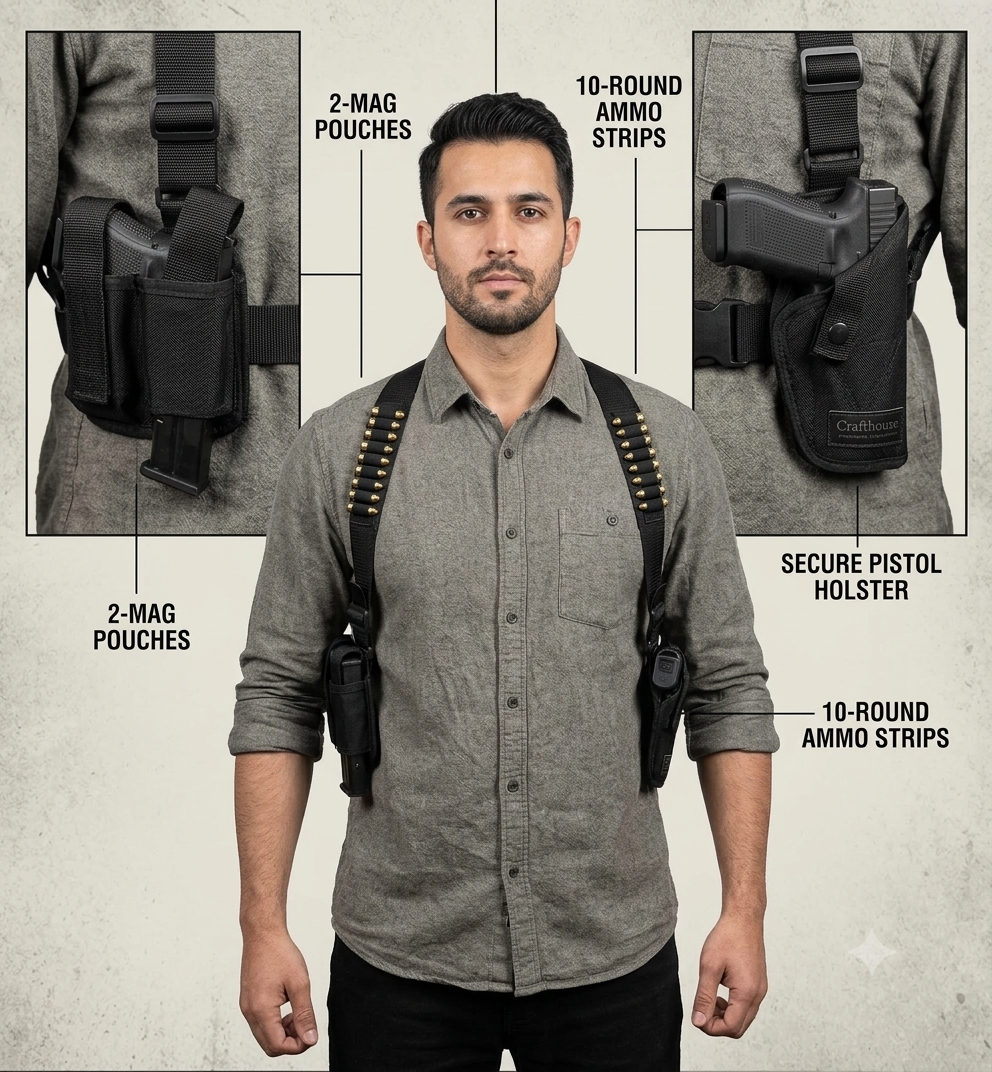 Parachute Nylon Double Shoulder Holster | Dual Mag Pouches, Pistol Holster & Integrated 20-Round Ammo Strips