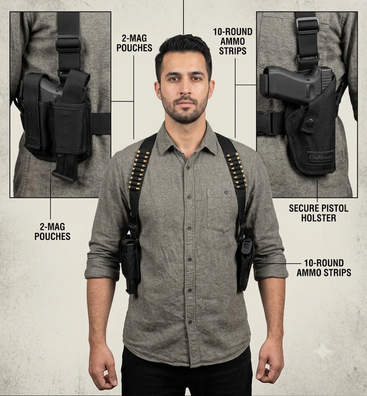 Parachute Nylon Double Shoulder Holster | Dual Mag Pouches, Pistol Holster & Integrated 20-Round Ammo Strips