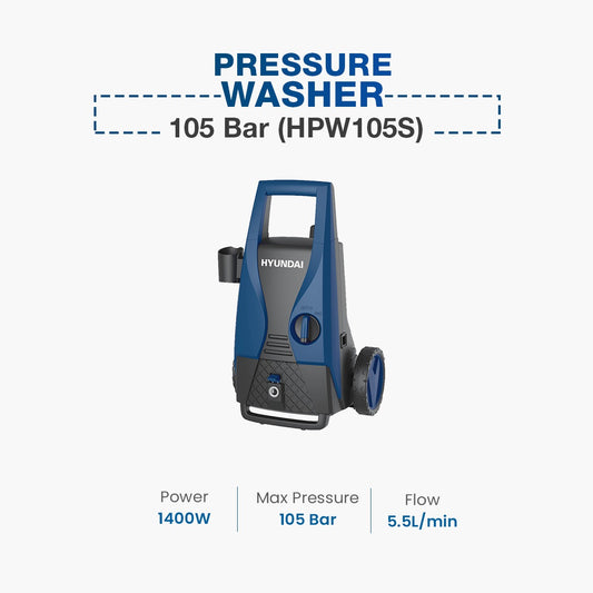 Hyundai 105 Bar Car Pressure Washer, 1400W with Foam Bottle & Pressure Gun – Copper Winding Motor