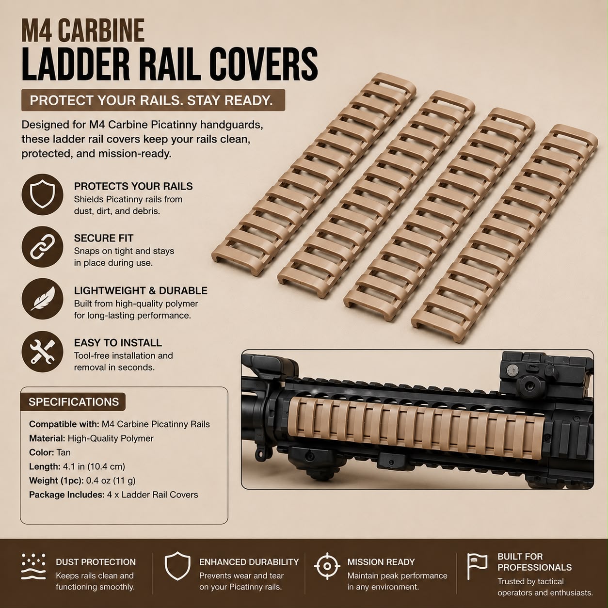 M4 Ladder Rail Protector Covers  4 pieces – Tan