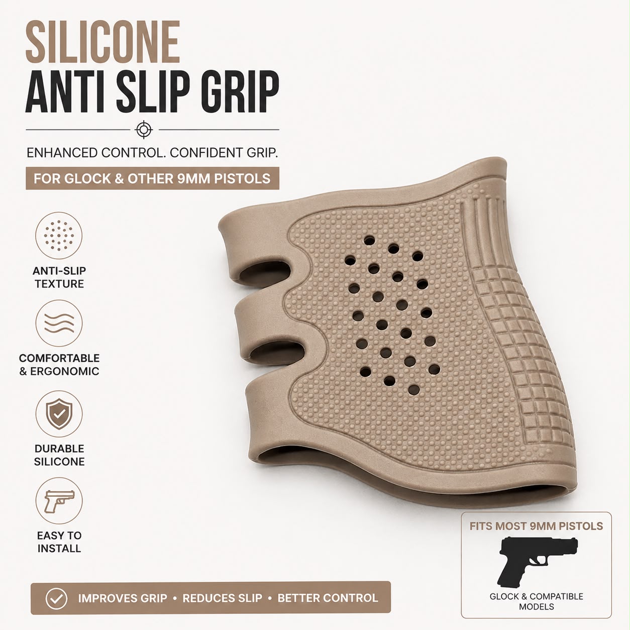 Silicone Anti-Slip Grip Sleeve for Glock & Compatible 9mm Pistols