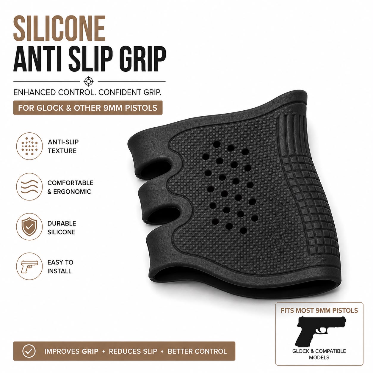 Silicone Anti-Slip Grip Sleeve for Glock & Compatible 9mm Pistols