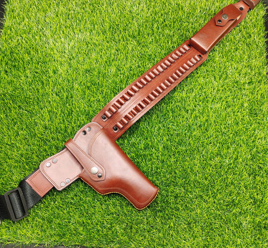 ADJUSTABLE LEATHER BELLY HOLSTER FOR 9MM PISTOLS – 1 SPARE MAGAZINE POUCH, 30-ROUND BULLET CAPACITY