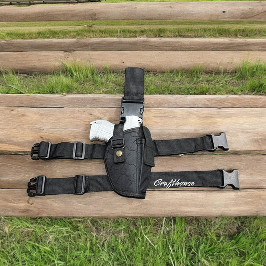 Universal Thigh Holster with Spare Magazine Pouch – Adjustable Size, Black